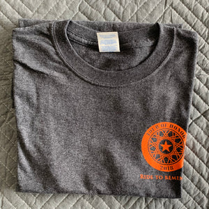 Shirt 2018, orange ink on grey heather